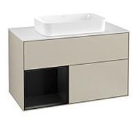 Villeroy und Boch Finion Villeroy und Boch F241PDHH 100x60,3cm, plaque de finition blanc mat, étagère gauche laqué noir mat, Sand Matt Lacquer