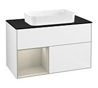 Villeroy und Boch Finion Villeroy und Boch F242HHGF 100x60,3cm, plaque de finition noir mat, étagère gauche Sand Matt Lacquer , laqué blanc brillant