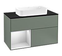 Villeroy und Boch Finion Villeroy und Boch F242MTGM 100x60,3cm, plaque de finition noir mat, étagère gauche laqué blanc mat, Olive Matt Lacquer