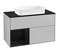 Villeroy und Boch Finion Villeroy und Boch F242PHGJ 100x60,3cm, plaque de finition noir mat, étagère gauche Glossy Black Lacquer , gris clair mat