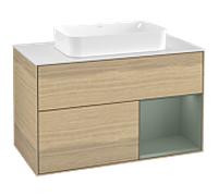 Villeroy und Boch Finion Villeroy und Boch F251GMPC 100x60,3cm, plaque de finition blanc mat, étagère à droite Olive Matt Lacquer , Oak Veneer