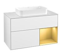 Villeroy und Boch Finion Villeroy und Boch F251HFGF 100x60,3cm, plaque de finition blanc mat, étagère à droite or mat, laqué blanc brillant