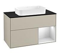 Villeroy und Boch Finion Villeroy und Boch F252MTHH 100x60,3cm, plaque de finition noir mat, étagère à droite laqué blanc mat, Sand Matt Lacquer