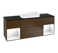 Villeroy und Boch Finion Villeroy und Boch F332GFGN 160x60.3cm, plaque de finition noire mate, étagères laqué blanc brillant, placage noyer