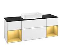 Villeroy und Boch Finion Villeroy und Boch F332HFGF 160x60.3cm, plaque de finition noir mat, étagères laqué or mat, laqué blanc brillant