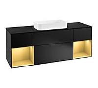 Villeroy und Boch Finion Villeroy und Boch F332HFPD 160x60,3cm, plaque de finition noir mat, étagères laqué mat doré, laqué noir mat