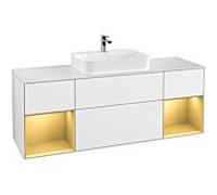 Villeroy und Boch Finion Villeroy und Boch F451HFGF 160x60,3cm, plaque de finition blanc mat, étagères laqué or mat, laqué blanc brillant