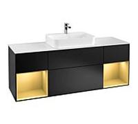 Villeroy und Boch Finion Villeroy und Boch F451HFPD 160x60,3cm, plaque de finition blanc mat, étagères laqué mat doré, laqué noir mat