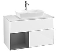 Villeroy und Boch Finion Villeroy und Boch F771GKGF 100cm, plaque de finition blanc mat, étagères laqué anthracite mat, laqué blanc brillant