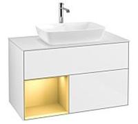 Villeroy und Boch Finion Villeroy und Boch F771HFGF 100cm, plaque de finition blanc mat, étagères laqué or mat, laqué blanc brillant