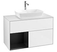 Villeroy und Boch Finion Villeroy und Boch F771PDGF 100cm, couvercle blanc mat, étagères laqué noir mat, laqué blanc brillant