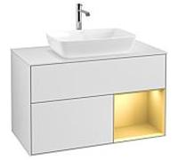 Villeroy und Boch Finion Villeroy und Boch F781HFMT 100cm, plaque de recouvrement blanc mat, étagères laqué mat doré, laqué mat blanc