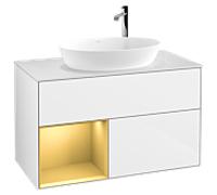 Villeroy und Boch Finion Villeroy und Boch F891HFGF 100cm, plaque de recouvrement blanc mat, étagères laqué or mat, laqué blanc brillant