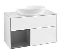 Villeroy und Boch Finion Villeroy und Boch FA11GKGF 100cm, plaque de recouvrement blanc mat, étagères laqué mat anthracite, laqué blanc brillant