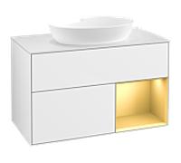 Villeroy und Boch Finion Villeroy und Boch FA21HFGF 100cm, plaque de recouvrement blanc mat, étagères laqué or mat, laqué blanc brillant