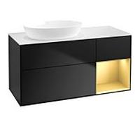 Villeroy und Boch Finion Villeroy und Boch FA51HFPD 120cm, plaque de recouvrement blanc mat, étagères laqué or mat, laqué noir mat