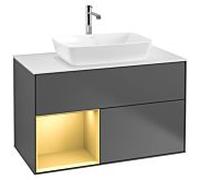 Villeroy und Boch Finion Villeroy und Boch G771HFGK 100cm, plaque de recouvrement blanc mat, Emotion, étagères laqué or mat, anthracite mat