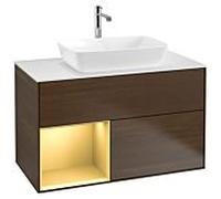 Villeroy und Boch Finion Villeroy und Boch G771HFGN 100cm, plaque de recouvrement blanc mat, émotion, étagères laqué or mat, placage noyer