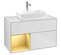 Villeroy und Boch Finion Villeroy und Boch G771HFMT 100cm, plaque de recouvrement blanc mat, Emotion, étagères laqué or mat, laqué blanc mat