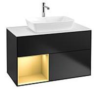 Villeroy und Boch Finion Villeroy und Boch G771HFPD 100cm, plaque de recouvrement blanc mat, Emotion, étagères laqué or mat, laqué noir mat