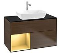 Villeroy und Boch Finion Villeroy und Boch G772HFGN 100cm, plaque de finition noir mat, Emotion, étagères laqué or mat, placage noyer