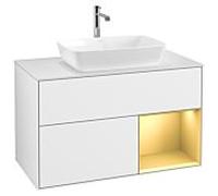 Villeroy und Boch Finion Villeroy und Boch G781HFGF 100cm, plaque de recouvrement blanc mat, Emotion, étagères laqué or mat, laqué blanc brillant