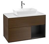 Villeroy und Boch Finion Villeroy und Boch G781PDGN 100cm, plaque de recouvrement blanc mat, emotion, étagères laqué noir mat, placage noyer