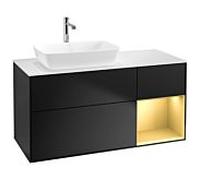 Villeroy und Boch Finion Villeroy und Boch G811HFPD 120cm, plaque de recouvrement blanc mat, Emotion, étagères laqué mat doré, laqué noir mat