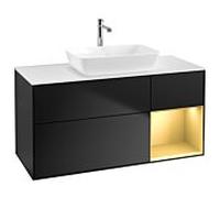 Villeroy und Boch Finion Villeroy und Boch G831HFPD 120cm, plaque de recouvrement blanc mat, Emotion, étagères laqué or mat, laqué noir mat