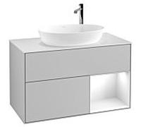 Villeroy und Boch Finion Villeroy und Boch G901GFGJ 100cm, plaque de recouvrement blanc mat, Emotion, étagères laqué blanc brillant, gris clair mat