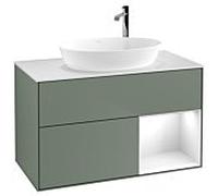 Villeroy und Boch Finion Villeroy und Boch G901GFGM 100cm, plaque de recouvrement blanc mat, emotion, étagères laqué blanc brillant, Olive Matt Lacquer