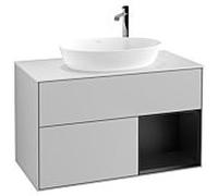 Villeroy und Boch Finion Villeroy und Boch G901PDGJ 100cm, plaque de recouvrement blanc mat, Emotion, étagères laqué noir mat, gris clair mat