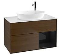 Villeroy et Boch Finion Villeroy et Boch G901PHGN 100cm, plaque de recouvrement blanc mat, Emotion, étagères Laque noire brillante, placage noyer