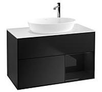 Villeroy und Boch Finion Villeroy und Boch G901PHPD 100cm, plaque de recouvrement blanc mat, Emotion, étagères laqué noir brillant, laqué noir mat