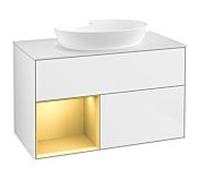 Villeroy und Boch Finion Villeroy und Boch GA11HFGF 100cm, plaque de recouvrement blanc mat, Emotion, étagères laqué or mat, laqué blanc brillant