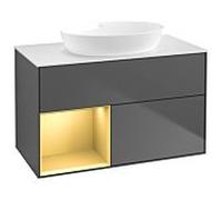 Villeroy und Boch Finion Villeroy und Boch GA11HFGK 100cm, plaque de recouvrement blanc mat, Emotion, étagères laqué or mat, anthracite mat