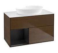 Villeroy und Boch Finion Villeroy und Boch GA11PDGN 100cm, plaque de recouvrement blanc mat, Emotion, étagères laqué noir mat, placage noyer