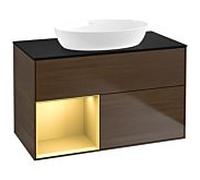 Villeroy und Boch Finion Villeroy und Boch GA12HFGN 100cm, plaque de recouvrement noir mat, Emotion, étagères laqué or mat, placage noyer