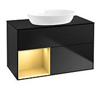 Villeroy und Boch Finion Villeroy und Boch GA12HFPD 100cm, plaque de recouvrement noir mat, Emotion, étagères laqué or mat, laqué noir mat