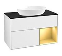 Villeroy und Boch Finion Villeroy und Boch GA22HFGF 100cm, plaque de recouvrement noir mat, Emotion, étagères laqué or mat, laqué blanc brillant