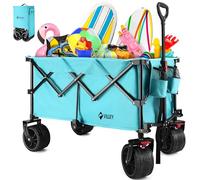 VILLEY Chariot de Plage Pliable 200 L - Charge 102 kg, Roues Tout-Terrain Extra Larges 9×16,5 cm, Freins & Poignée Réglable, pour Camping, Jardin, Extérieur - Bleu