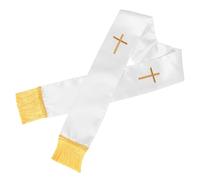 VILLFUL Étole du Clergé Croisée en Satin Blanc avec Broderie Croix et Pompons Décoratifs pour Célébrations et Services Religieux Traditionnels