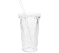 VILLFUL Gobelet Verre Transparent à Rayures Verticales Verre Réutilisable pour Jus Boissons Froides avec Couvercle et Paille Design Simple et Résistant Réutilisable