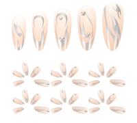 VILLFUL Lot de 24 Faux Ongles Courts à Coller, Manucure pour Femmes, Design Flammes Argentées avec Rivets, Couverture Intégrale de Cercueil, Colle Réutilisable, Décoration Nail Art