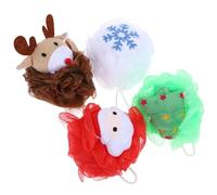 VILLFUL Lot de 4 Boules de Bain Exfoliantes de Noël Loofah Corps Éponges de Bain en Loofah aux Motifs Festive Père Noël Rouge Flocon Blanc Sapin Vert Renne Marron Mousse Riche pour
