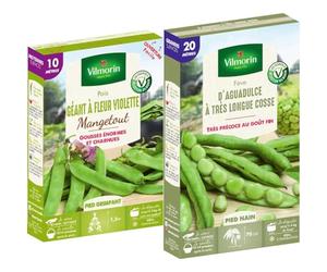 Vilmorin Pois géant Fleur Violette Boite série 10m mangetout, Vert & Fève d Aguadulce a très Longue cosse Boite série 20m, Vert