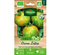 Vilmorin - Tomate green zebra bio - fruit de mi-saison - robe verte zebrée de jaune - chair émeraude - goût doux et acidulé - rendement jusqu'à 2 à 4 kg par pied
