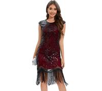Viloree Femmes Robe de 1920s Pailleté Embelli Frange Flapper Robe Jazz Charleston Great Gatsby Dress Rouge & Noir 2XL