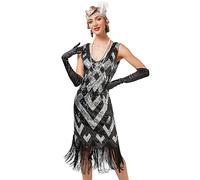 Viloree Robe à Paillettes pour Femme - Style années 20 - Col Rond inspiré par Great Gatsby Noir & Argent (49) XS