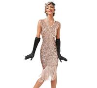 Viloree Robe à Paillettes pour Femme - Style années 20 - Col Rond inspiré par Great Gatsby Rose (52) XS